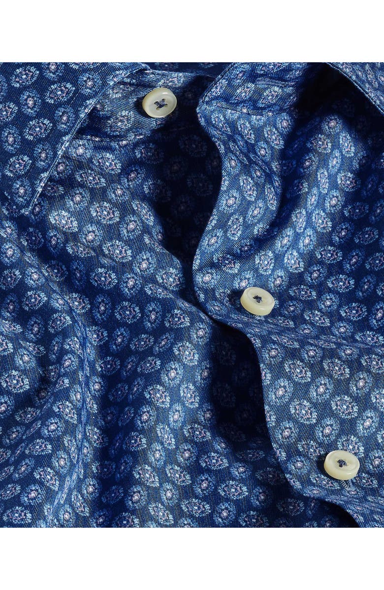 David Donahue Neat Print Short Sleeve Cotton Button-Up Shirt, Alternate, color, Navy
