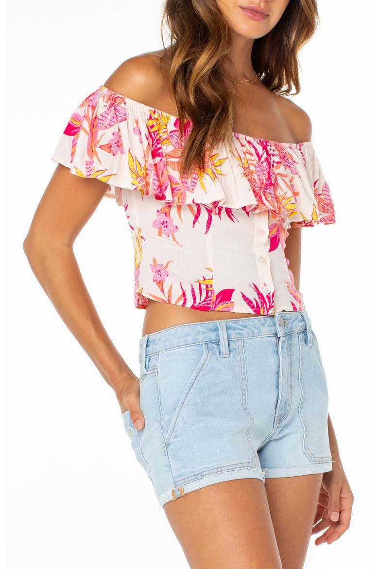 Clear Sky Botanical Off the Shoulder Button-Up Top, Alternate, color, DEW