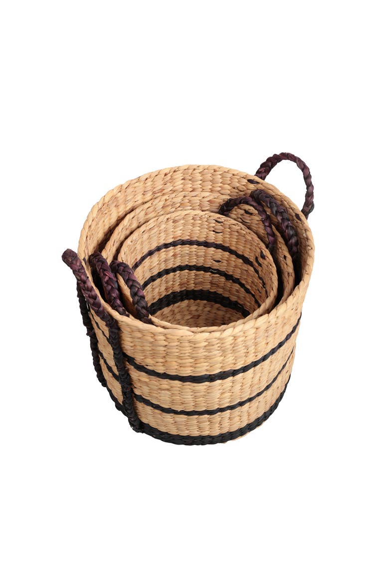 Stripe Handwoven Water Hyacinth Nesting Storage Baskets with Handles, Alternate, color, Natural/Black