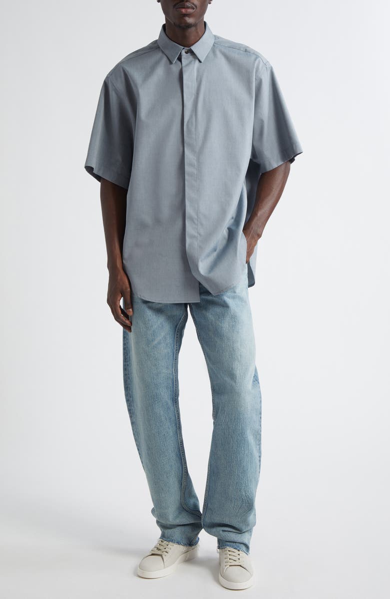 Fear of God Short Sleeve Cotton & Wool Stretch Oxford Button-Up Shirt, Alternate, color, Melange Slate