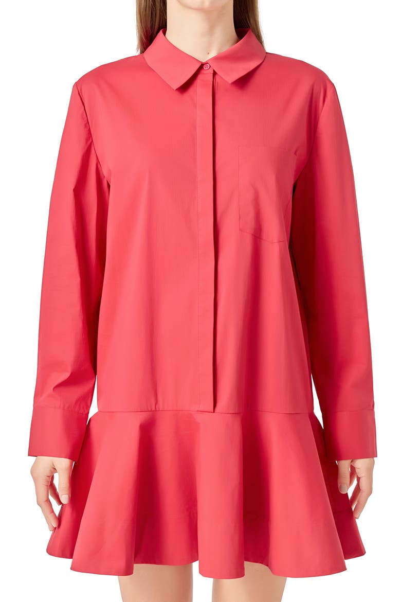 Ruffle Hem Long Sleeve Mini Shirtdress, Alternate, color, RED