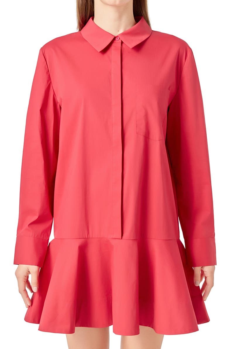 English Factory Ruffle Hem Long Sleeve Mini Shirtdress, Alternate, color, Red