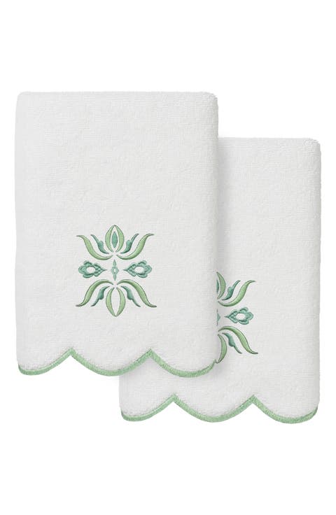 Flower Crest Scalloped Set of 2 Hand Towels