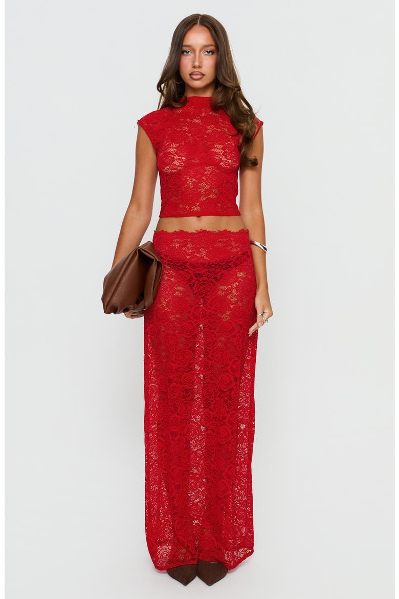 Vionna Sheer Floral Lace Maxi Skirt, Alternate, color, RED