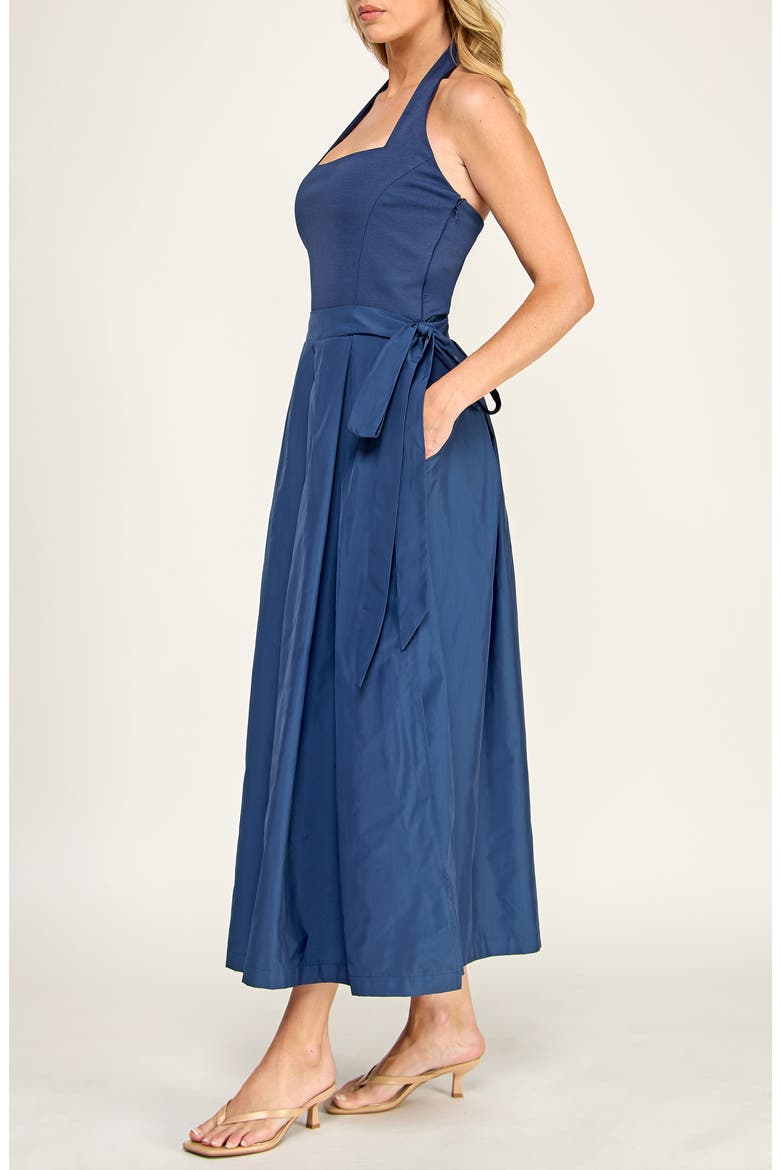 Halter Neck Mixed Media Midi Dress, Alternate, color, NAVY