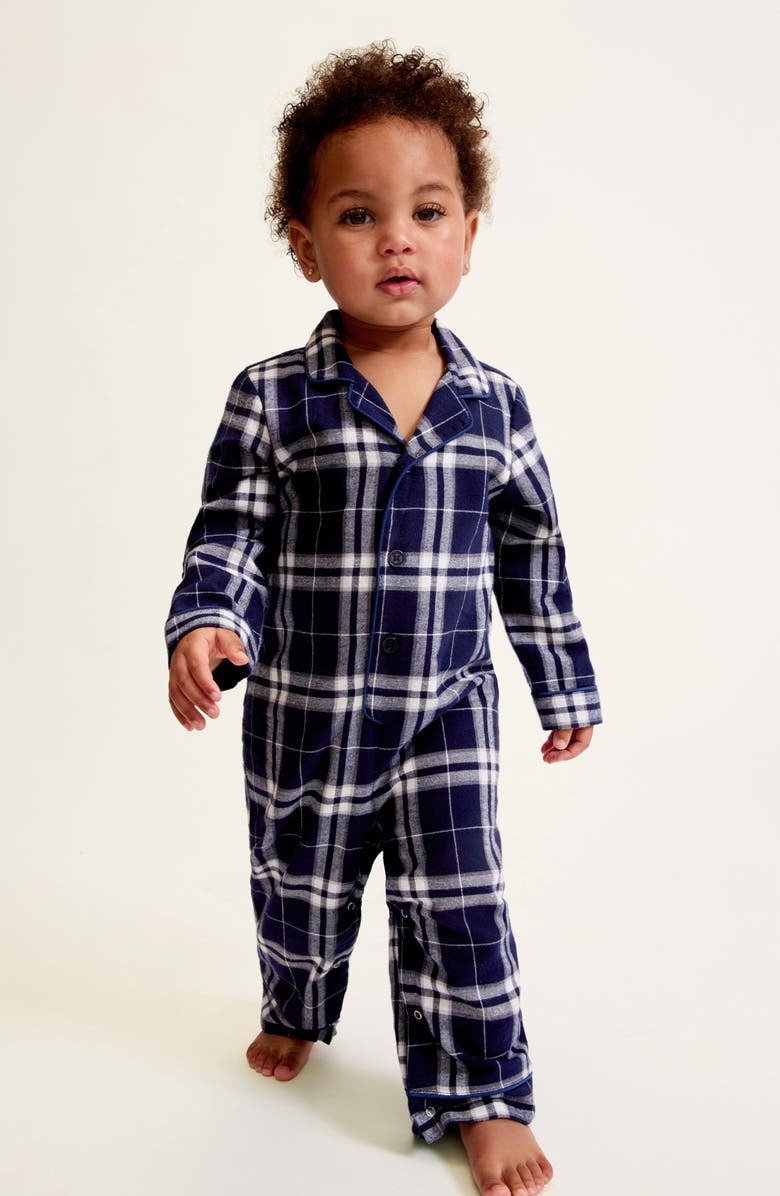 Petite Plume Oxford Tartan One-Piece Brushed Twill Pajamas, Alternate, color, Navy