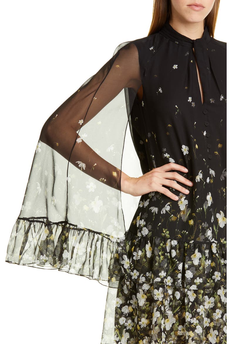 Floral Flounce Cape Sleeve Shift Dress, Alternate, color, BLACK / WHITE