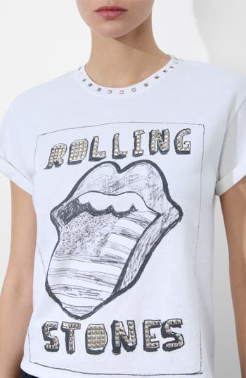 大人カジュアル★Alice+Olivia Berk Rolling Stones★Tシャツ白 Alice + Olivia Berk Studded Rolling Stones T-Shirt | Saks