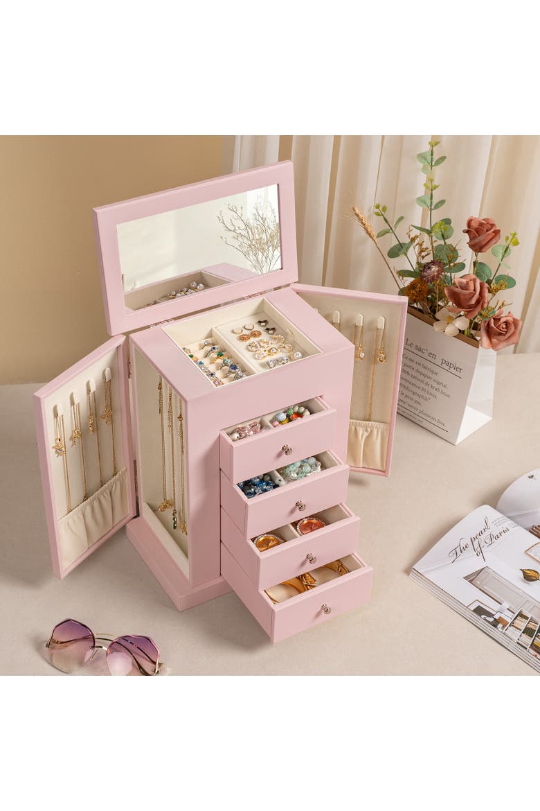 Standing Jewelry Armoire with Lid Mirror, Alternate, color, Pink