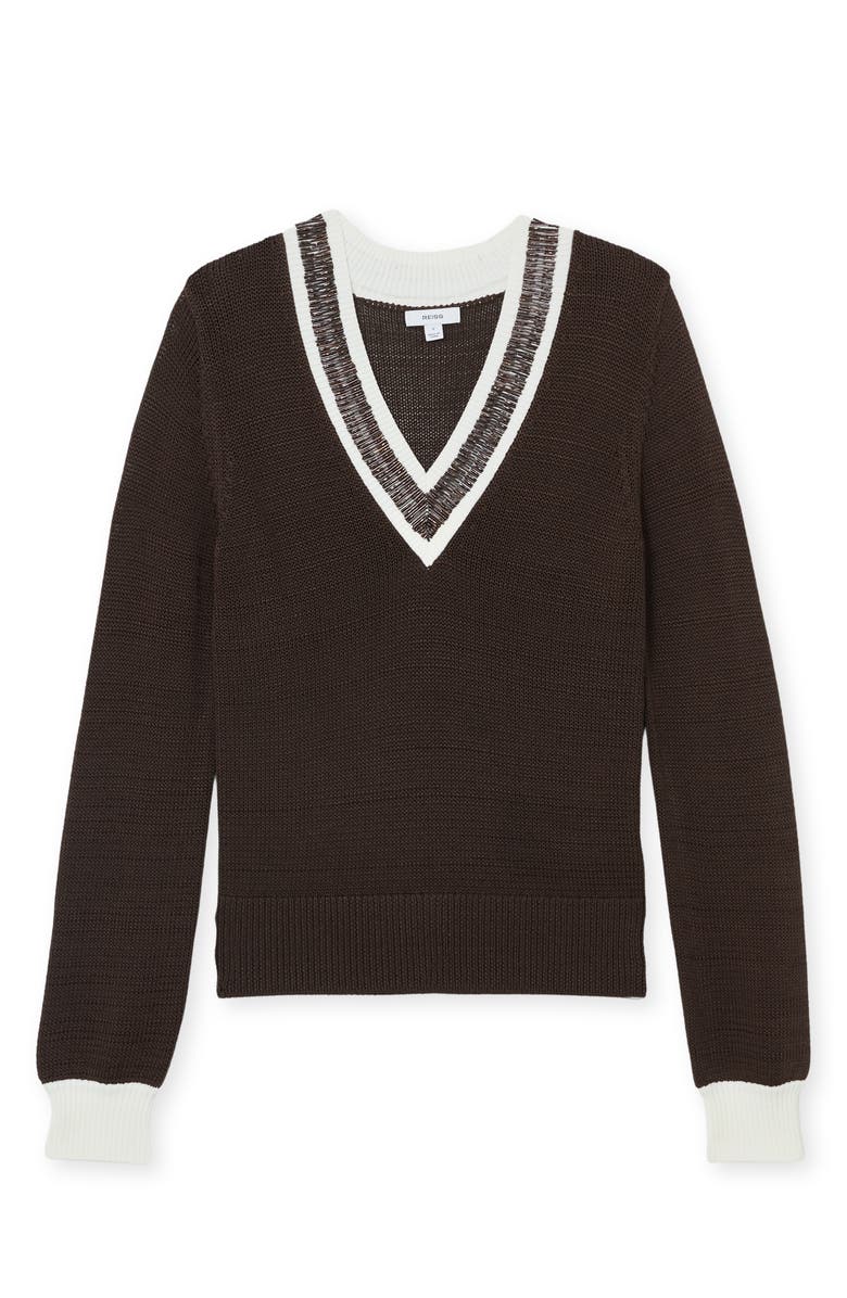 Reiss Courtney Beaded Contrast Trim Sweater, Alternate, color, Chocolate Brown
