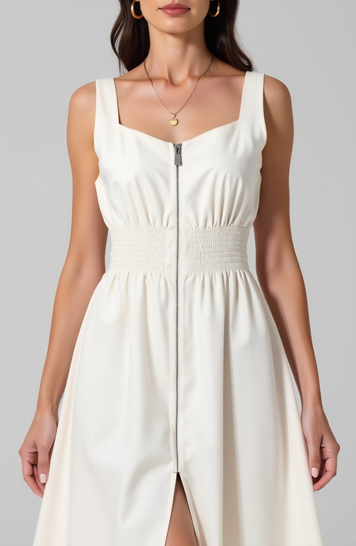 Modenaire Sleeveless Midi Dress With Smocked Waist And Front Zip In White