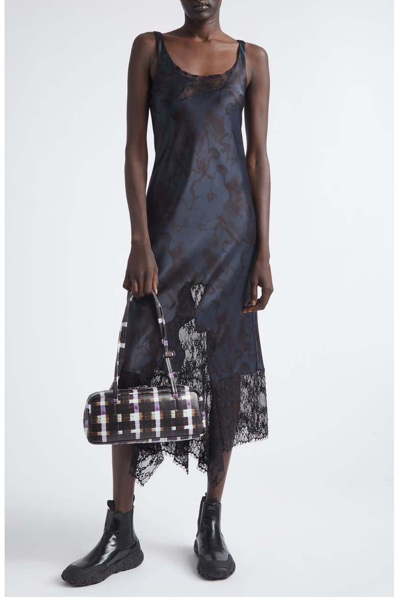 Stone Flower Drip Anemone Satin & Lace Tank Dress, Alternate, color, BLACK WATERCOLOR FLORAL