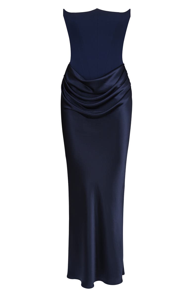 HOUSE OF CB Persephone Strapless Corset Satin & Stretch Crepe Mermaid Gown, Alternate, color, Navy