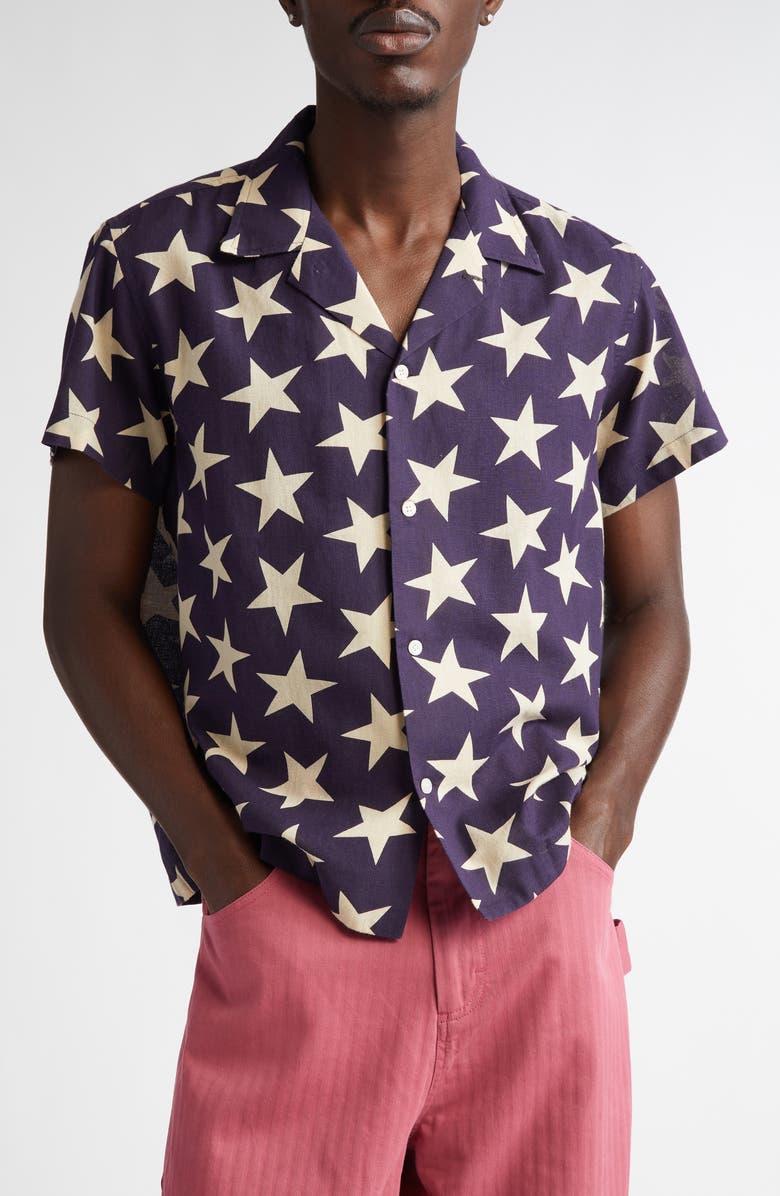 Bode Starry Short Sleeve Button-Up Shirt, Main, color, Navy