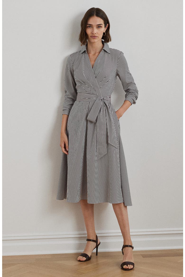 Stripe Long Sleeve Wrap Front Cotton Midi Shirtdress, Alternate, color, PINOT NOIR/ WHITE