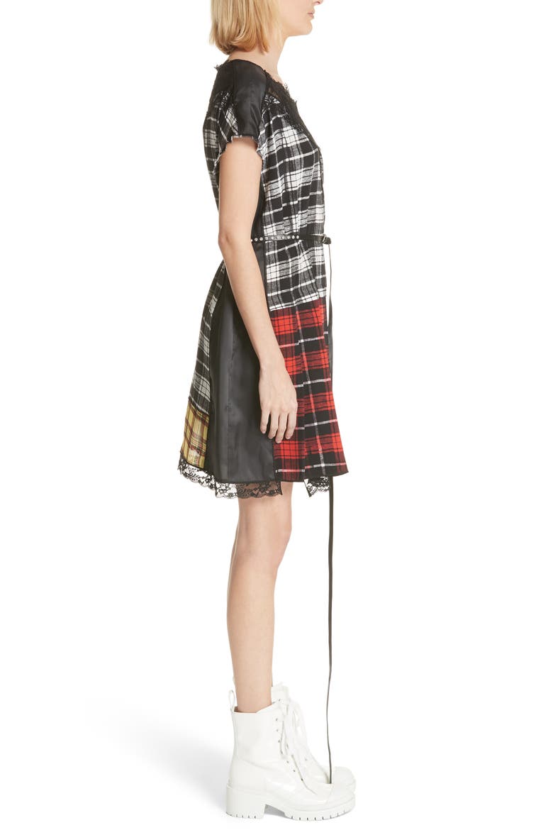 Lace Trim Plaid Silk Dress, Alternate, color, WHITE MULTI