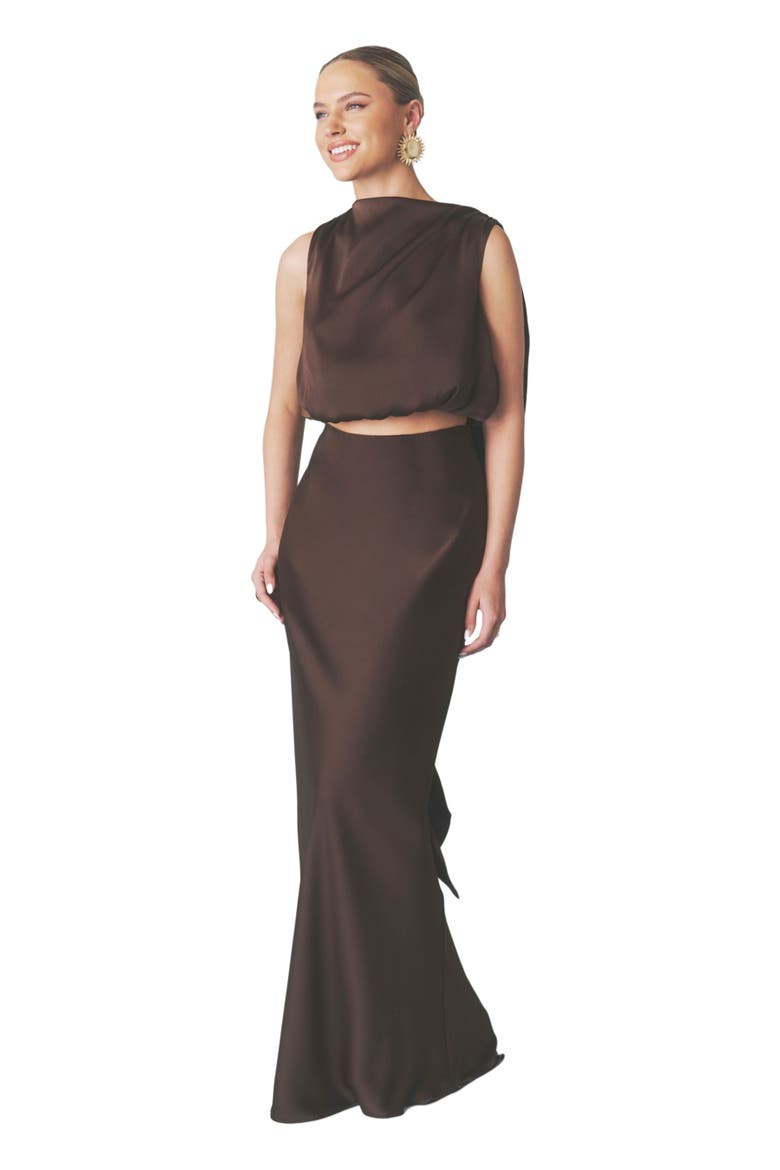 Satin Drape Detail High Neck Top, Main, color, Chocolate