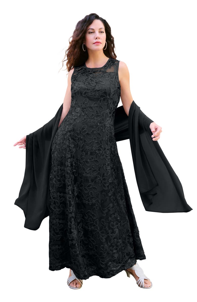 Roaman's Plus-Size Allover Lace Embellished Shawl Gown, Main, color, Black