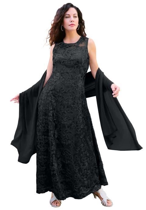 Plus-Size Allover Lace Embellished Shawl Gown (Plus)