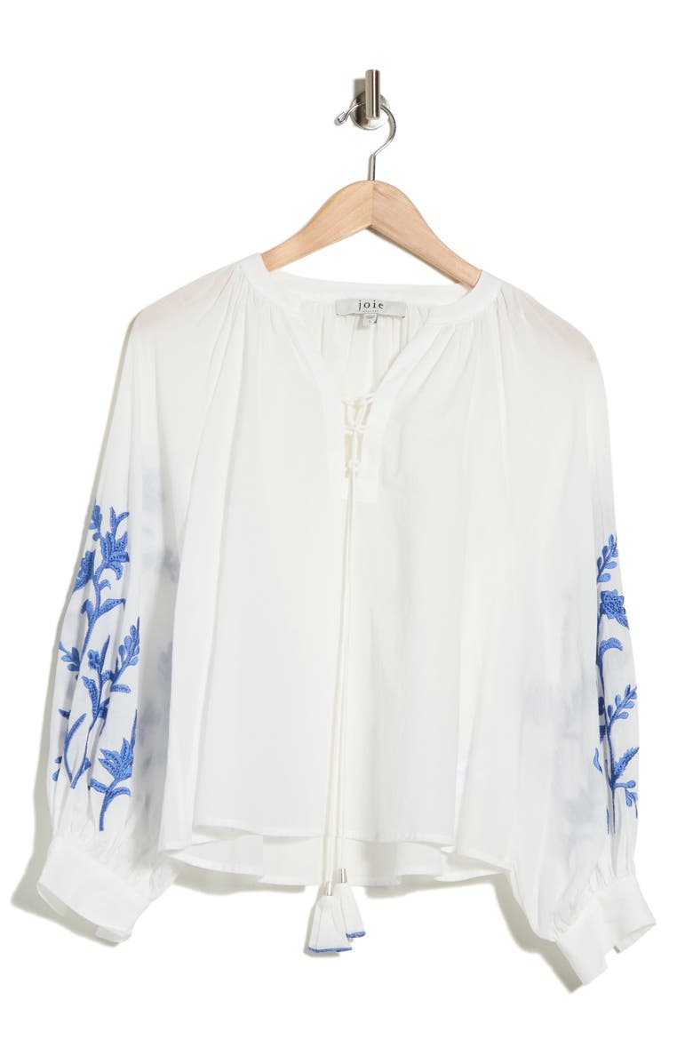 Embroidered Tie Neck Top, Alternate, color, WHITE W/ BLUE EMBROIDERY