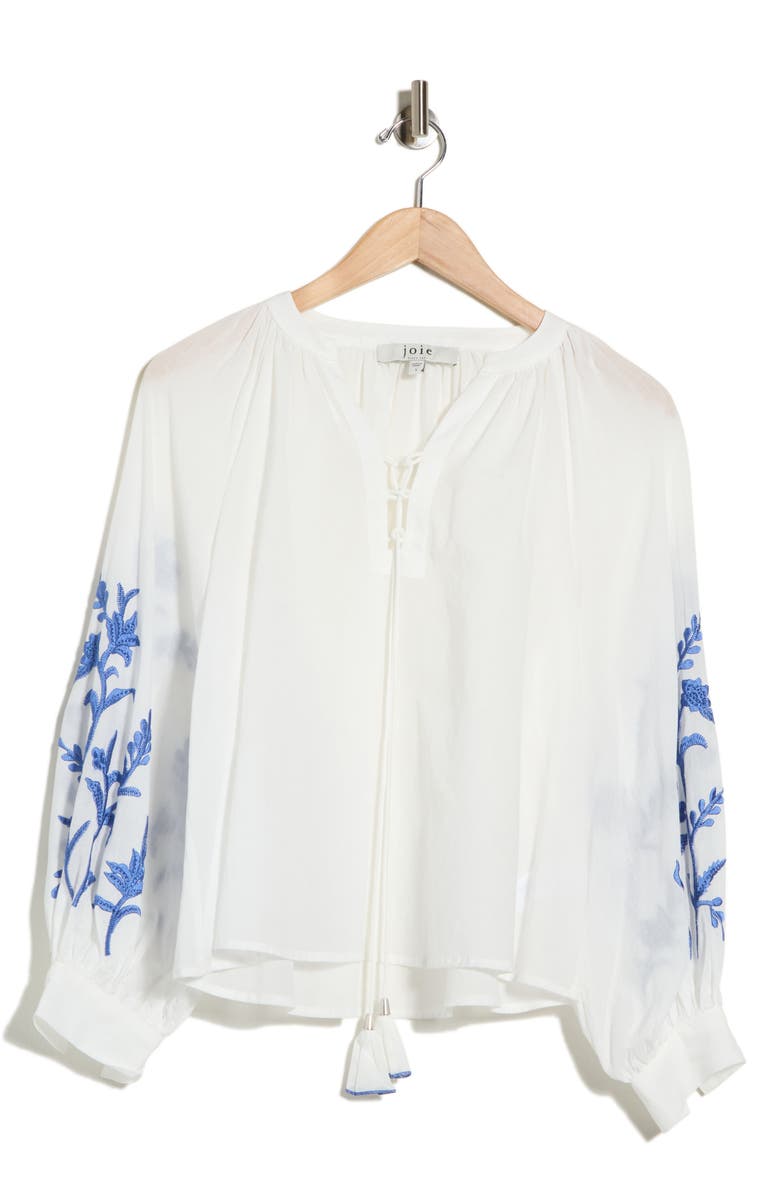 Joie Embroidered Tie Neck Top, Main, color, White W/ Blue Embroidery