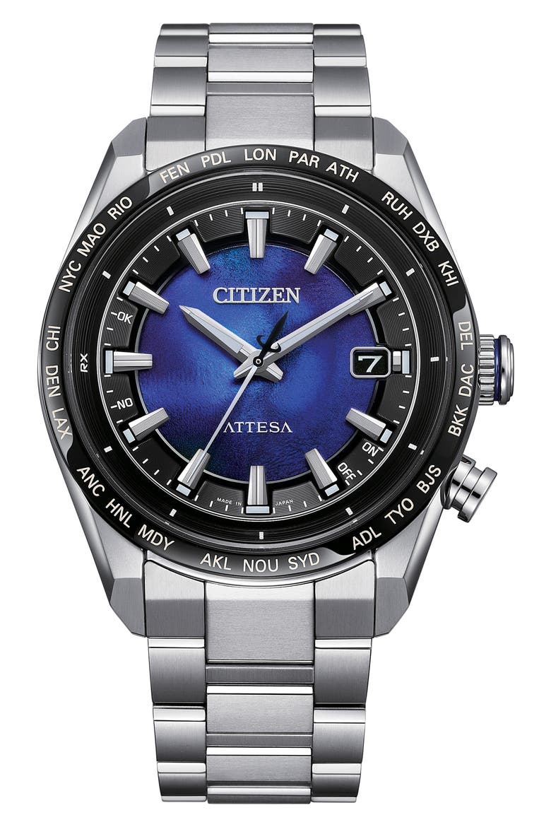 Attesa UNITE with BLUE Worldtime Automatic Bracelet Watch, 40.6mm, Main, color, SILVER-TONE