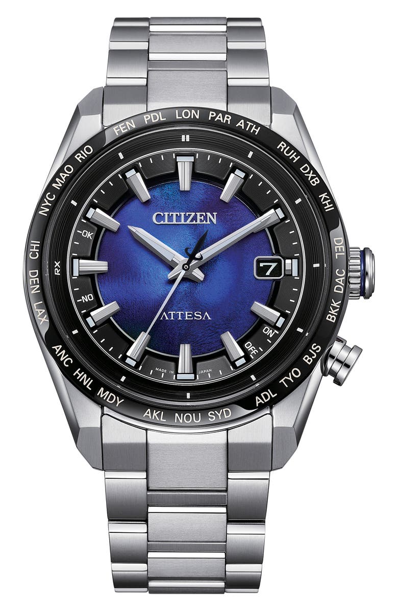 Citizen Attesa UNITE with BLUE Worldtime Automatic Bracelet Watch, 40.6mm, Main, color, Silver-Tone