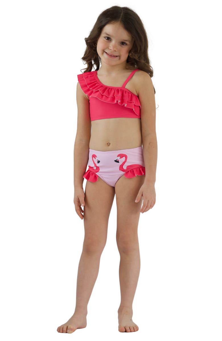 Mia Belle Girls Girls Flamingo Fun One-Shoulder Two-Piece Swimsuit, Main, color, Pink