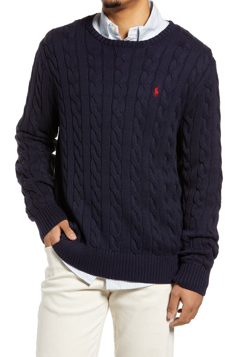 Cable Knit Cotton Crewneck Sweater, Main, color, BLUE