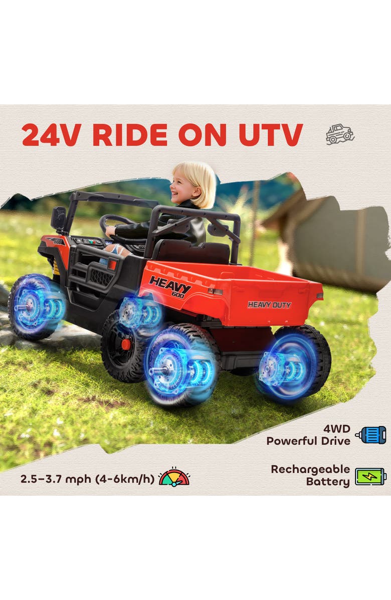 Qaba 24V Kids Ride On Truck with 6 Wheels 2 Seater 4WD Electric Ride On Car with Dump Bed Remote Control Wheel Suspension for Years, Alternate, color, Red