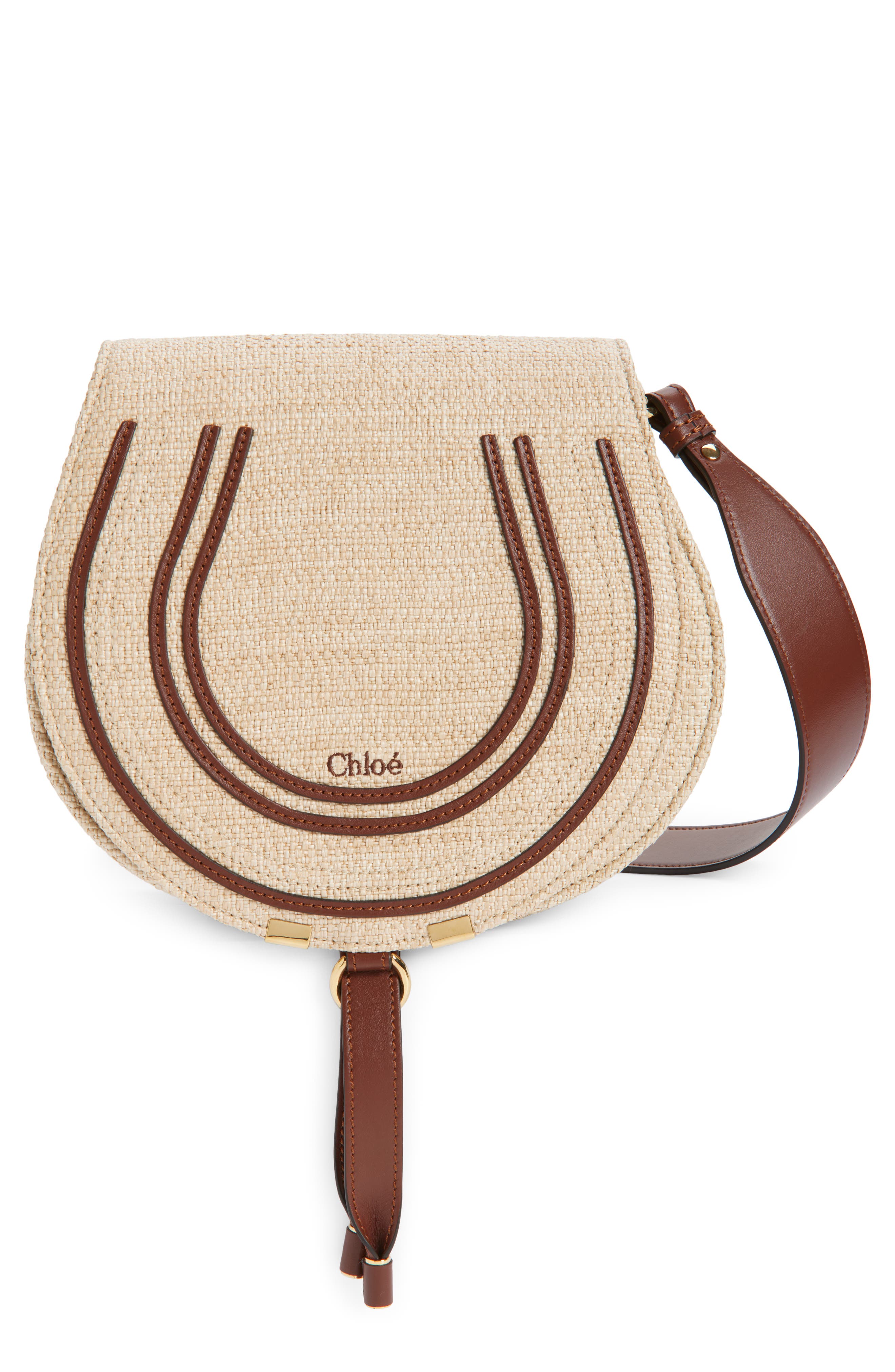 Chloé Medium Marcie Faux Raffia & Leather Saddle Bag, Main, color, Hot Sand