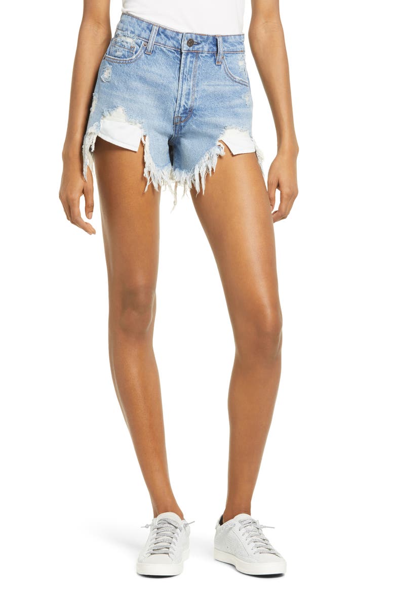 Chewed Hem High Waist Denim Shorts, Main, color, MEDIUM WASH