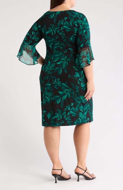 Connected Apparel Bell Sleeve Faux Wrap Dress In Green