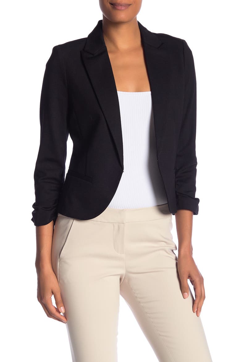 Ponte 3/4 Length Sleeve Rouched Jacket, Main, color, BLACK
