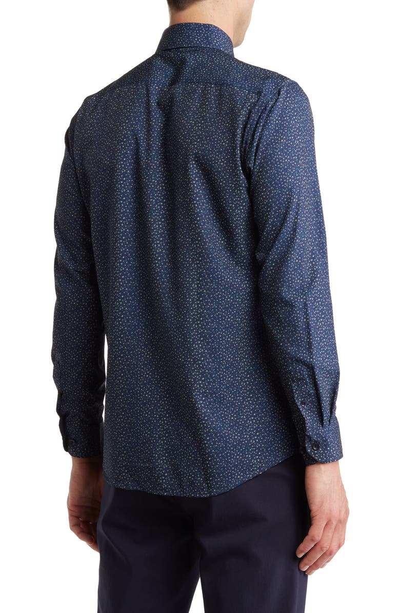 Azaro Uomo Slim Fit Flower Print Performance Button-Up Shirt, Alternate, color, Navy