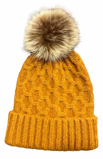 Faux Fur Pom Honeycomb Knit Beanie