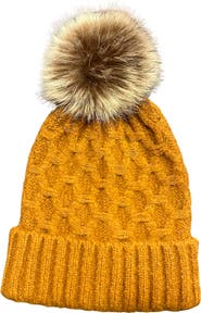 MARCUS ADLER Faux Fur Pom Honeycomb Knit Beanie