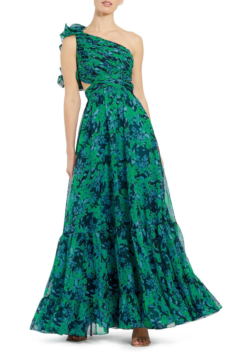 One Shoulder Ruffle Tiered Cut-Out Floral Chiffon Gown, Main, color, GREEN MULTI
