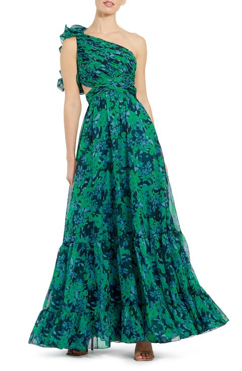One Shoulder Ruffle Tiered Cut-Out Floral Chiffon Gown