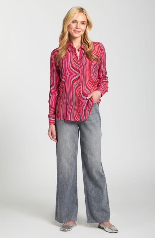 Apny Abstract Print Roll Tab Sleeve Chiffon Button-up Shirt In Pink