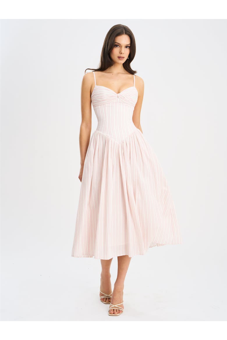 Zania Ruched Breast Cotton Jacquard Midi Dress, Main, color, Pink and white stripe