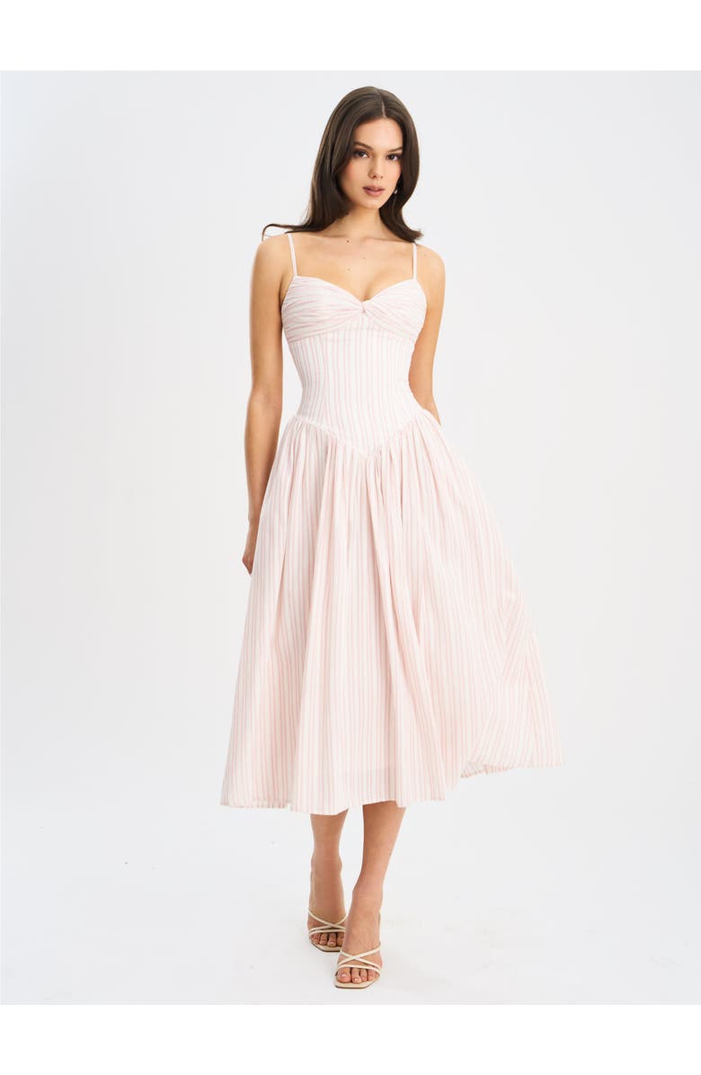 Miss Circle Zania Ruched Breast Cotton Jacquard Midi Dress, Main, color, Pink And White Stripe