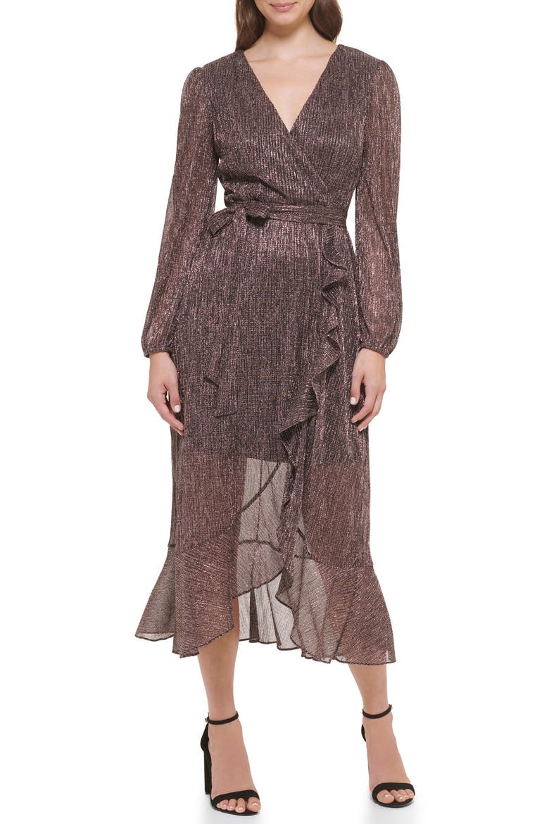 Long Sleeve Shimmer Knit Midi Dress, Alternate, color, ROSE GOLD