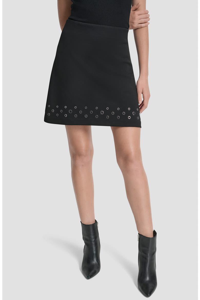 Grommet Trim Ponte Knit Miniskirt, Main, color, BLACK