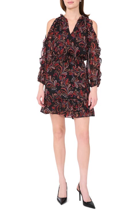 Paisley Cold Shoulder Ruffle Fit & Flare Dress