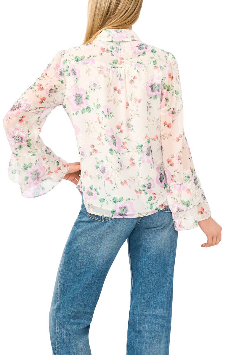 CeCe Floral Print Ruffle Cuff Shirt, Alternate, color, New Ivory