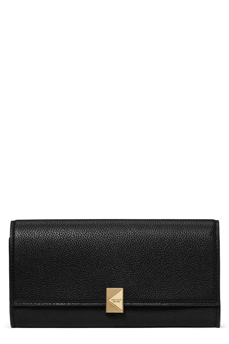 deco large pebbled leather flat wallet, Main, color, BLACK