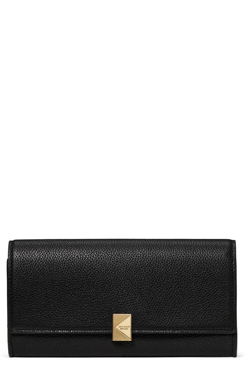 Kate Spade New York deco large pebbled leather flat wallet, Main, color, Black