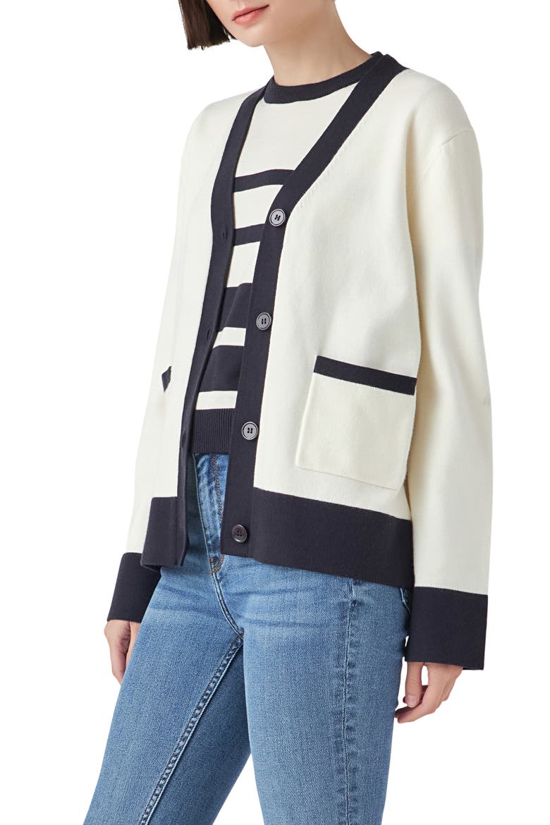 Contrast Cardigan, Alternate, color, IVORY/ NAVY