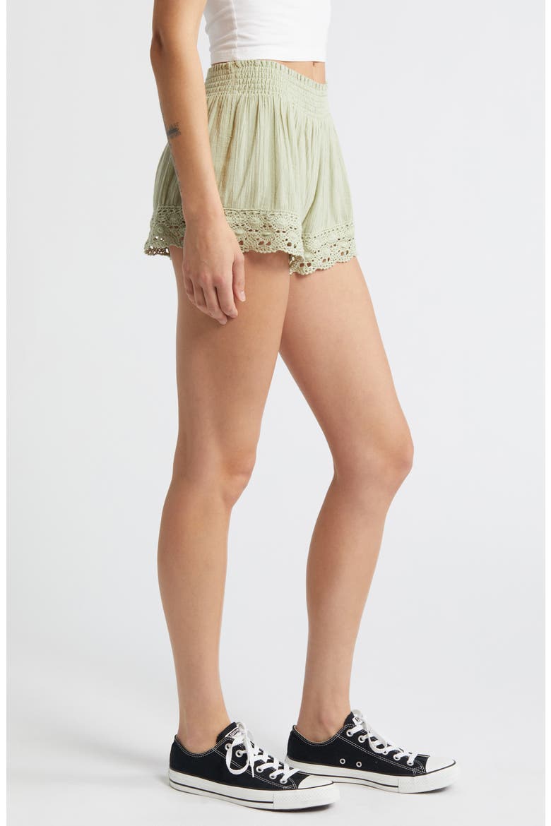 Smocked Waist Lace Hem Cotton Shorts, Alternate, color, LIGHT GREEN